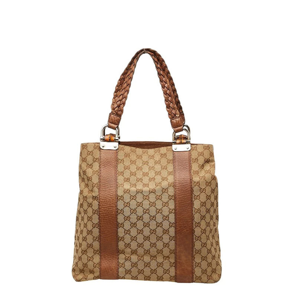 Gucci GG Canvas Bamboo Tote Bag Beige Cream Brown Leather